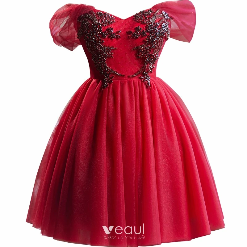formal dresses red short Wine Red Short Velvet Evening Dresses, Off Shoulder Prom Dresses Bridesmaid  Dress