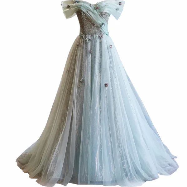 Charming Sage Green Beading Pearl Appliques Prom Dresses 2024 Ball Gown Off-The-Shoulder Short Sleeve Backless Floor-Length / Long Prom Formal Dresses