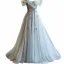 Charming Sage Green Beading Pearl Appliques Prom Dresses 2024 Ball Gown Off-The-Shoulder Short Sleeve Backless Floor-Length / Long Prom Formal Dresses