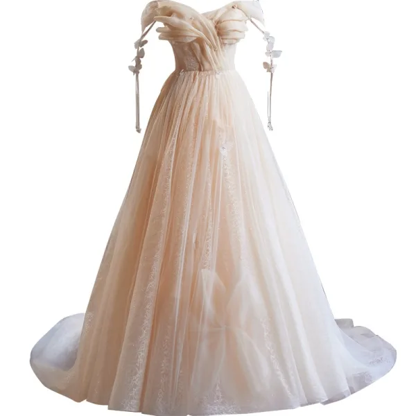 Chic / Beautiful Champagne Glitter Pearl Prom Dresses 2024 Ball Gown Off-The-Shoulder Short Sleeve Backless Floor-Length / Long Prom Formal Dresses