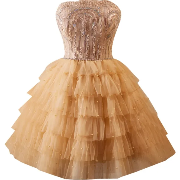Sexy Gold Beading Sequins Cascading Ruffles Short Prom Dresses Party Dresses 2024 Ball Gown Strapless Sleeveless Backless Prom Party Dresses