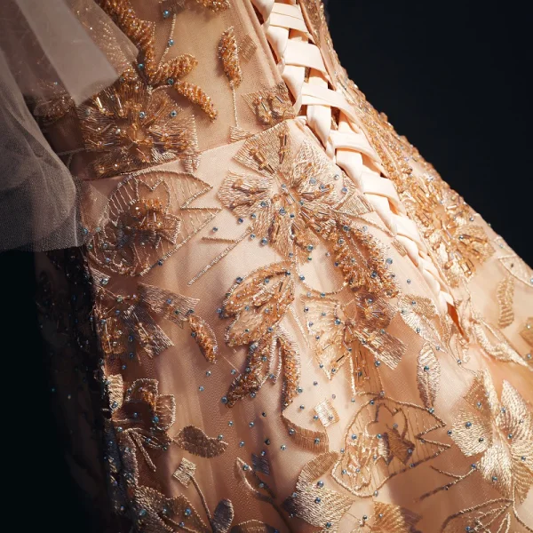 Luxury / Gorgeous Gold Evening Dresses 2018 A-Line / Princess Lace Beading Crystal Pearl V-Neck Backless Short Sleeve Sweep Train Formal Dresses