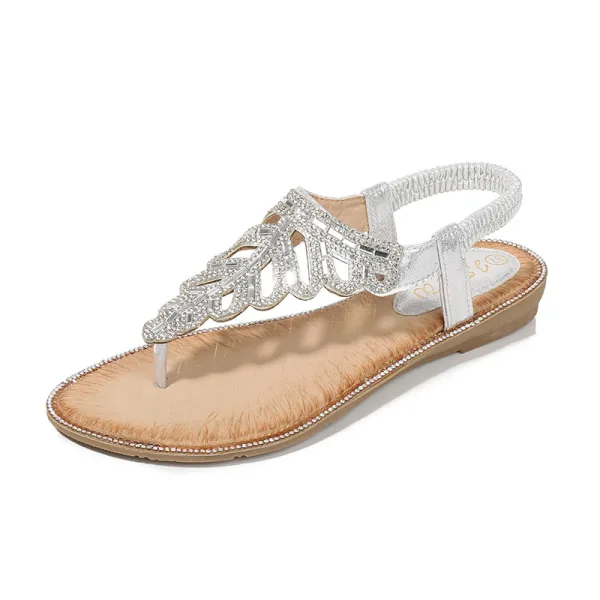 Bohême Charmant Été Plage Argenté Sandales Femme 2020 Faux Diamant Peep Toes / Bout Ouvert Sandales