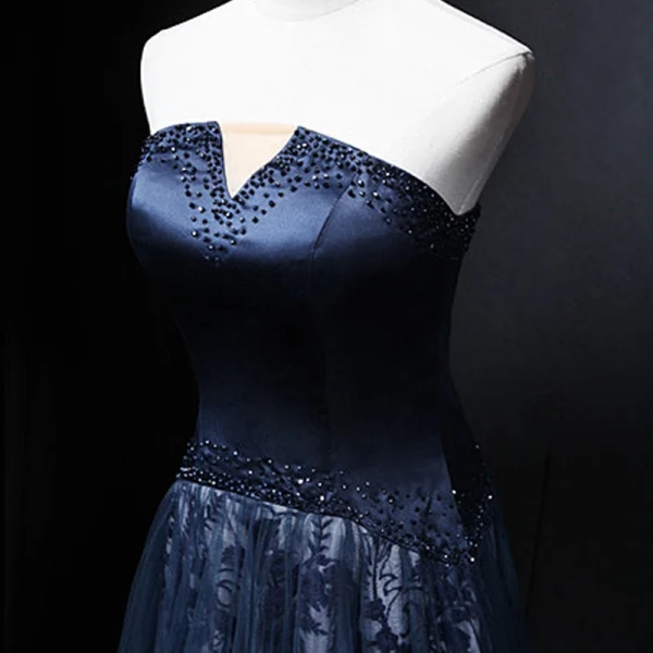 Chic / Beautiful Navy Blue Evening Dresses 2018 A-Line / Princess Crystal Strapless Sleeveless Backless Floor-Length / Long Formal Dresses