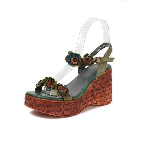 Vintage / Retro Clover Green Street Wear Womens Sandals 2020 Leather Flower 7 cm Wedges Open / Peep Toe Sandals