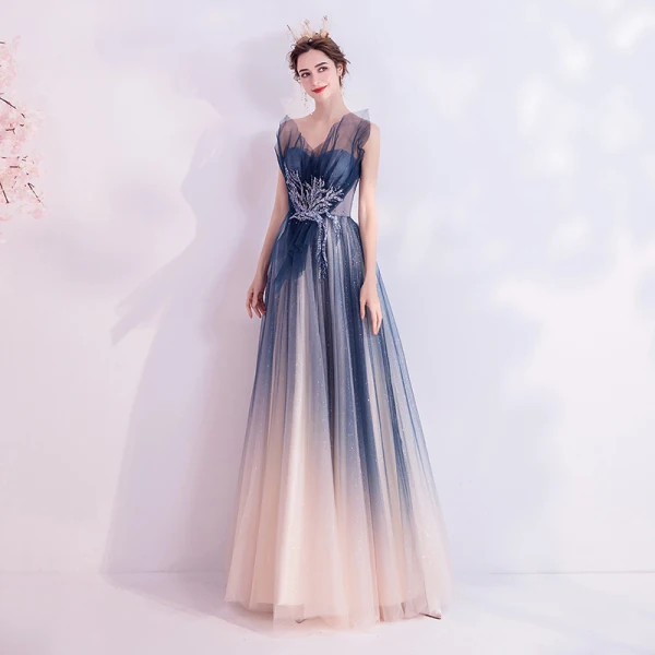 Charmant Marineblau Abendkleider 2020 A Linie Bandeau Perlenstickerei Pailletten Spitze Blumen Ärmellos Rückenfreies Lange Festliche Kleider