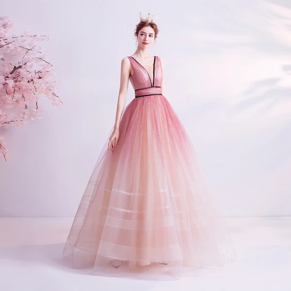Charmant Farbverlauf Pink Ballkleider 2020 Ballkleid V-Ausschnitt Glanz Pailletten Ärmellos Rückenfreies Lange Festliche Kleider