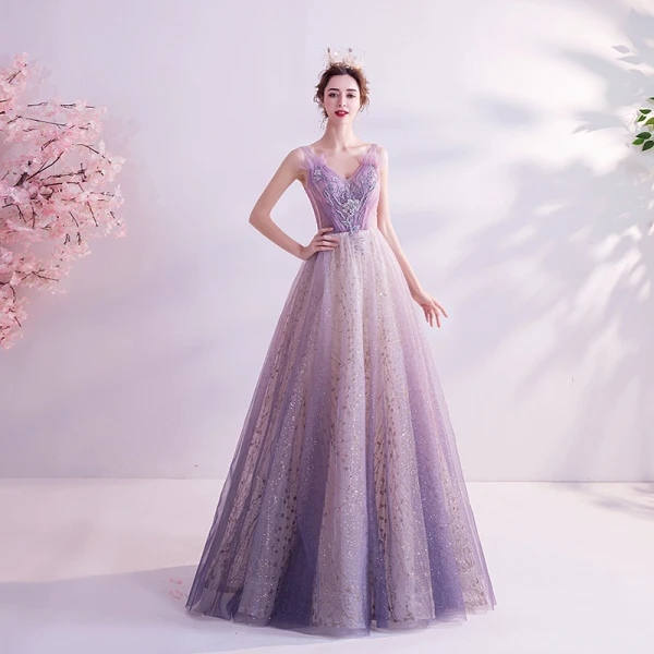 Charmant Glitter Violet Robe De Soirée 2020 Princesse V-Cou Perlage Perle En Dentelle Fleur Sans Manches Dos Nu Longue Robe De Ceremonie