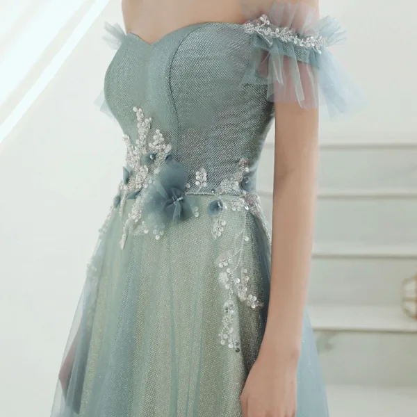 Elegant Sage Green Evening Dresses  2020 A-Line / Princess Off-The-Shoulder Beading Sequins Appliques Short Sleeve Backless Floor-Length / Long Formal Dresses