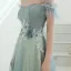 Elegant Sage Green Evening Dresses  2020 A-Line / Princess Off-The-Shoulder Beading Sequins Appliques Short Sleeve Backless Floor-Length / Long Formal Dresses