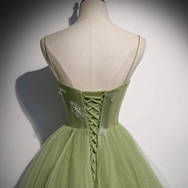 Elegant Clover Green Ruffle Prom Dresses 2020 A-Line / Princess Spaghetti Straps Pearl Sleeveless Backless Floor-Length / Long Formal Dresses