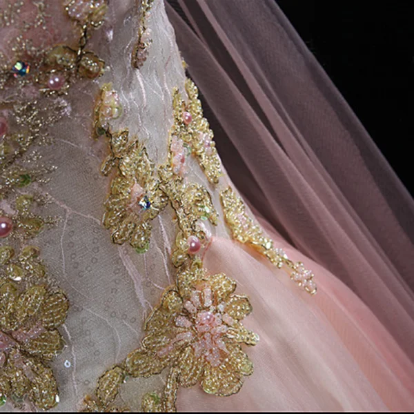 Chic / Beautiful Blushing Pink Evening Dresses 2018 A-Line / Princess Handmade Beading Pearl Sequins Lace Scoop Neck Sleeveless Floor-Length / Long Formal Dresses