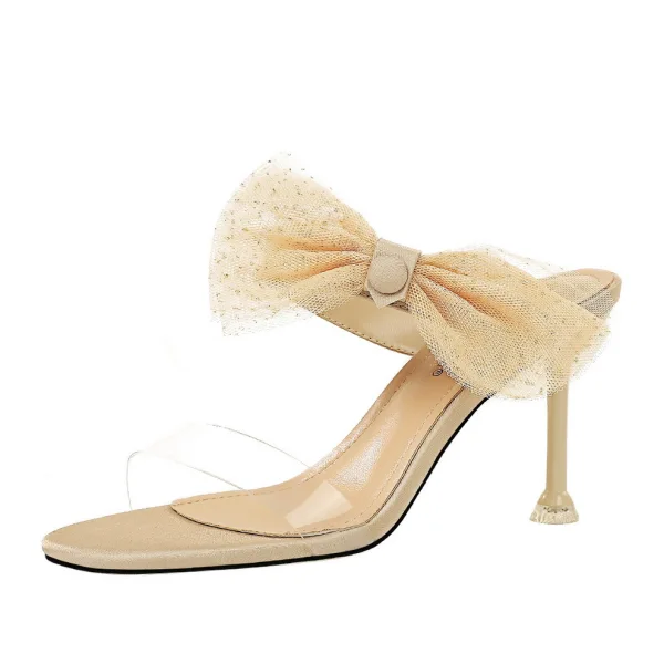 Sexy Summer Beige Cocktail Party Womens Sandals 2020 Lace Bow 7 cm Stiletto Heels Open / Peep Toe Sandals