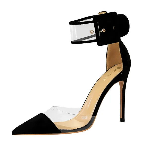 Chic / Belle Noire Désinvolte Daim Sandales Femme 2020 Bride Cheville 10 cm Talons Aiguilles À Bout Pointu Sandales