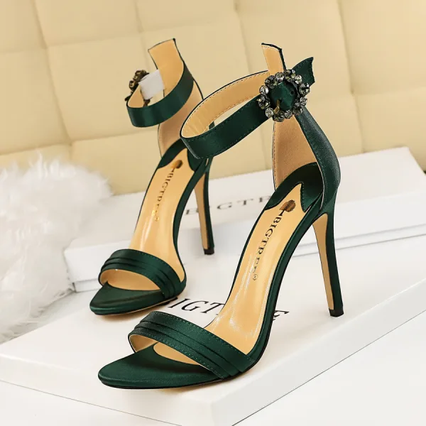 Sexy Argenté Cocktail Sandales Femme 2020 Satin Faux Diamant Bride Cheville 9 cm Talons Aiguilles Peep Toes / Bout Ouvert Sandales