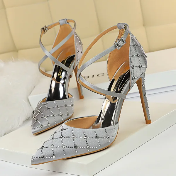 Charming Champagne Rhinestone Evening Party Womens Shoes 2020 Satin X-Strap 10 cm Stiletto Heels Pointed Toe Sandals