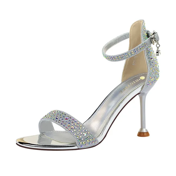 Sexy Argenté Soirée Sandales Femme 2020 Bride Cheville Faux Diamant Paillettes 8 cm Talons Aiguilles Peep Toes / Bout Ouvert Sandales