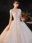 Charming Champagne Wedding Dresses 2020 Ball Gown See-through V-Neck Beading Star Sequins Lace Flower Short Sleeve Backless Royal Train