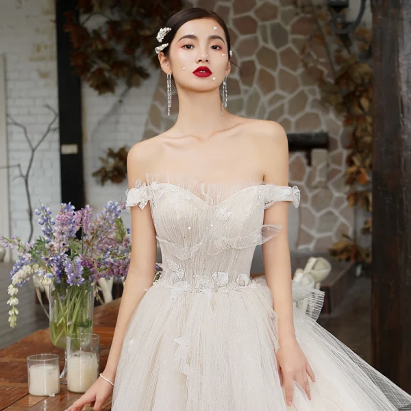 Luxury / Gorgeous Charming Champagne Wedding Dresses 2020 A-Line / Princess Ruffle Off-The-Shoulder Beading Backless Rhinestone Sequins Sleeveless Court Train