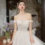 Luxury / Gorgeous Charming Champagne Wedding Dresses 2020 A-Line / Princess Ruffle Off-The-Shoulder Beading Backless Rhinestone Sequins Sleeveless Court Train