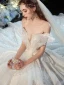 Luxury / Gorgeous Charming Champagne Wedding Dresses 2020 Ball Gown Ruffle Strapless Lace Sequins Short Sleeve Backless Royal Train