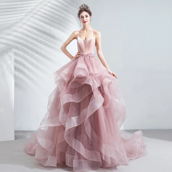 Chic / Beautiful Blushing Pink Cascading Ruffles Prom Dresses 2020 Ball Gown Spaghetti Straps Beading Lace Flower Sleeveless Backless Court Train Formal Dresses