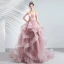 Chic / Beautiful Blushing Pink Cascading Ruffles Prom Dresses 2020 Ball Gown Spaghetti Straps Beading Lace Flower Sleeveless Backless Court Train Formal Dresses
