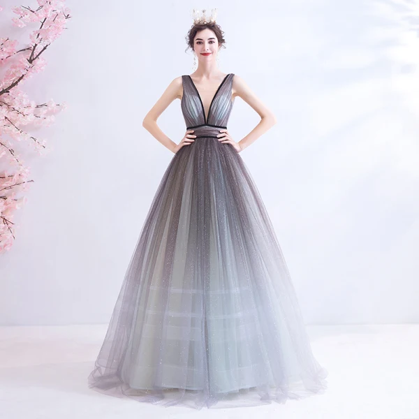 Sexy Silver Grey Evening Dresses 2020 A-Line / Princess Backless V-Neck Sleeveless Sequins Floor-Length / Long Formal Dresses