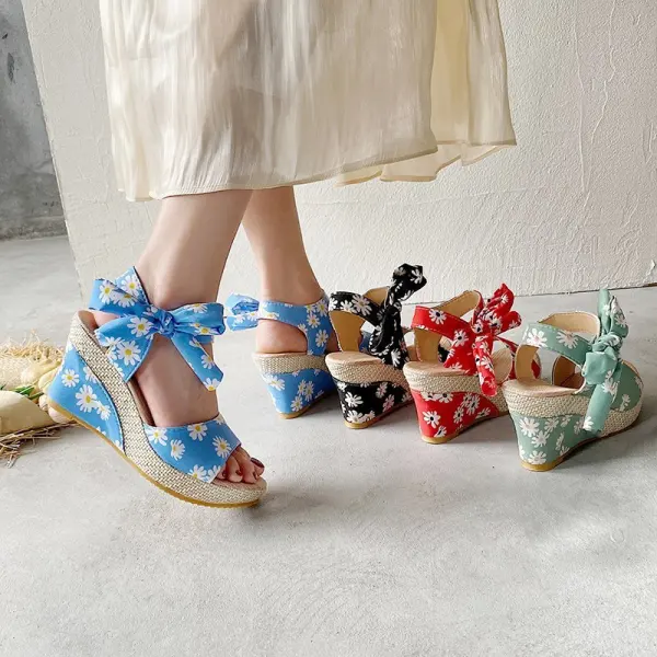Fashion Summer Red Beach Womens Sandals 2020 Floral Bow 7 cm Wedges Platform Open / Peep Toe Sandals