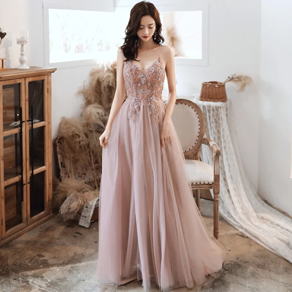 Sexy Rosa Ballkleider 2020 A Linie Spaghettiträger Perlenstickerei Strass Pailletten Ärmellos Rückenfreies Gespaltete Front Lange Festliche Kleider