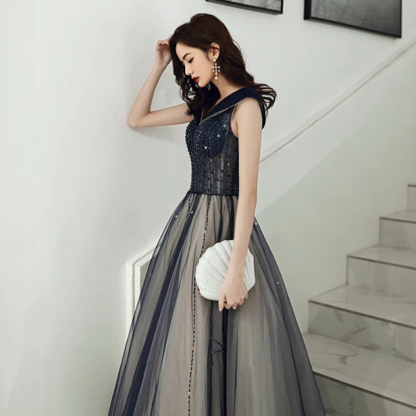 Elegant Navy Blue Prom Dresses 2020 A-Line / Princess V-Neck Beading Star Sequins Sleeveless Backless Floor-Length / Long Formal Dresses