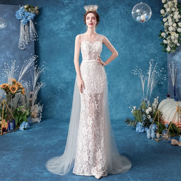 Illusion Abordable Ivoire Trompette / Sirène Robe De Mariée 2020 V-Cou En Dentelle Fleur Sans Manches Dos Nu Train De Balayage