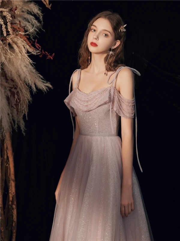 Charming Blushing Pink Glitter Prom Dresses 2020 A-Line / Princess Spaghetti Straps Beading Sequins Sleeveless Backless Floor-Length / Long Formal Dresses