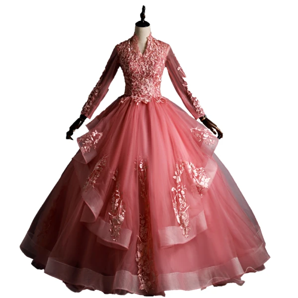 Chic / Belle Rose Bonbon Quinceañera Robe De Bal 2020 Robe Boule V-Cou Perlage Paillettes En Dentelle Fleur Manches Longues Dos Nu Longue Robe De Ceremonie