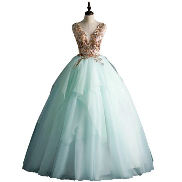 Elegant Mint Green Prom Dresses 2020 Ball Gown V-Neck Sequins Sleeveless Backless Floor-Length / Long Formal Dresses
