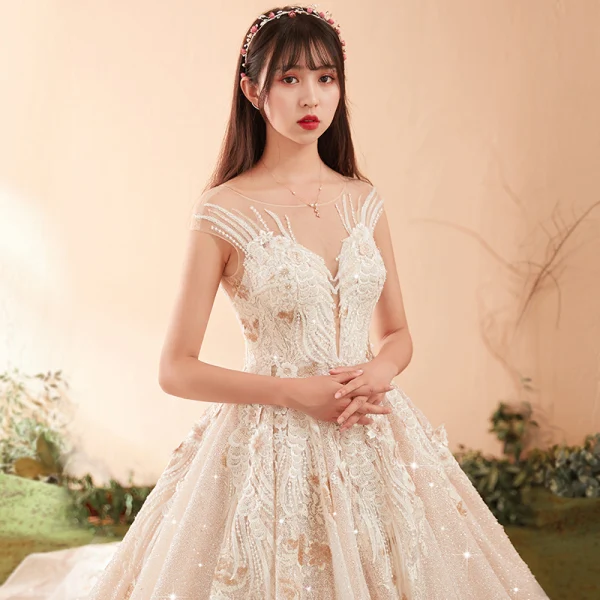 Luxury / Gorgeous Champagne Wedding Dresses 2018 Ball Gown Lace Appliques Beading Crystal Sequins Scoop Neck Backless Sleeveless Cathedral Train Wedding