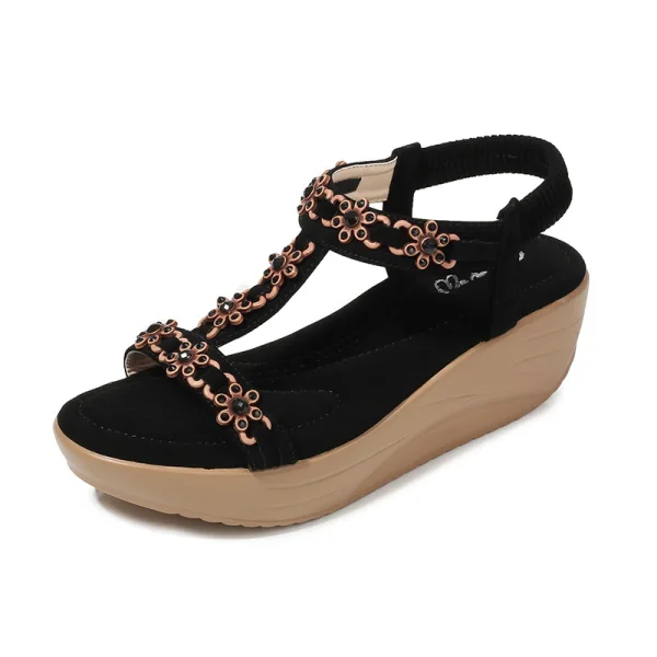 Schöne Sommer Strand Beige Sandalen Damen 2020 Strass T-Riemen 5 cm Keilabsatz Plateau Peeptoes Sandaletten