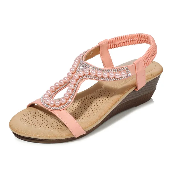Mode Été Perle Rose Désinvolte Sandales Femme 2020 Perle Faux Diamant 4 cm Compensées Peep Toes / Bout Ouvert Sandales