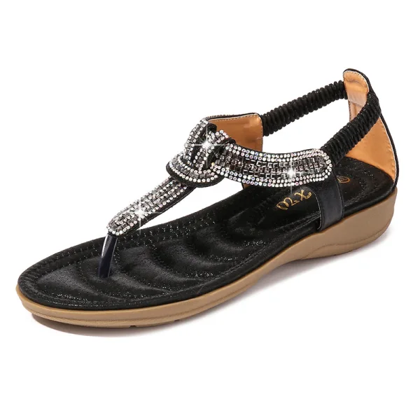 Fashion Black Summer Street Wear Flat Womens Sandals 2020 T-Strap Rhinestone Open / Peep Toe Sandals