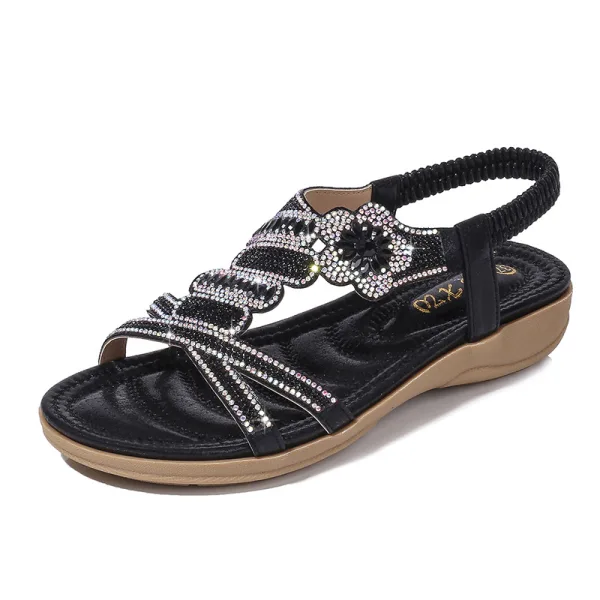 Fashion Summer Gold Street Wear Flat Womens Sandals 2020 Rhinestone Open / Peep Toe Sandals