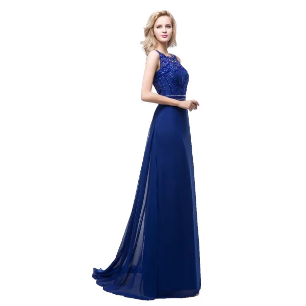 Modern / Fashion Royal Blue Chiffon See-through Evening Dresses 2018 A-Line / Princess Scoop Neck Sleeveless Pearl Rhinestone Beading Sweep Train Ruffle Formal Dresses