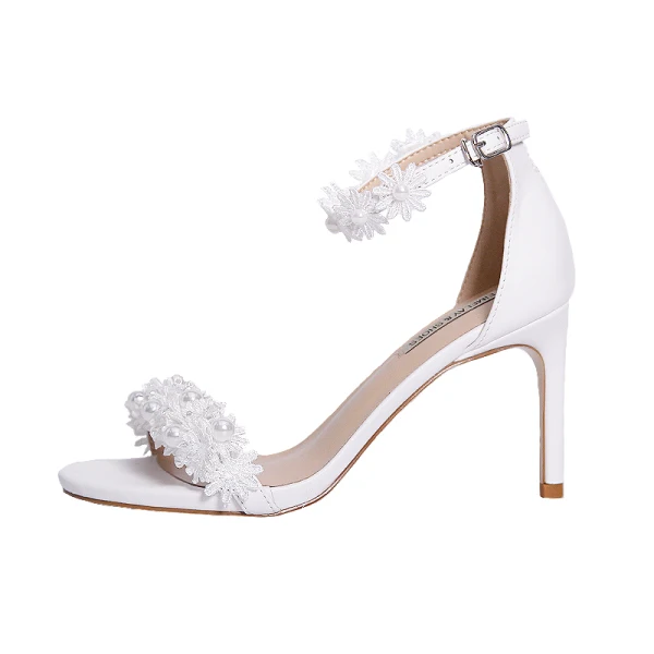 Sexy Blanche Jardin / Extérieur Sandales Femme 2020 Perle En Dentelle Fleur Bride Cheville 9 cm Talons Aiguilles Peep Toes / Bout Ouvert Sandales