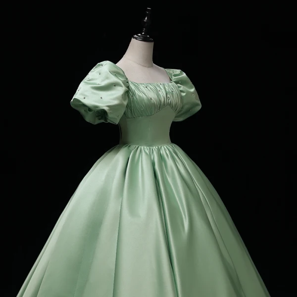 Elegant Sage Green Satin Prom Dresses 2022 Square Neckline Puffy Short Sleeve Bow Backless Floor-Length / Long Formal Dresses Prom