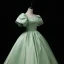 Elegant Sage Green Satin Prom Dresses 2022 Square Neckline Puffy Short Sleeve Bow Backless Floor-Length / Long Formal Dresses Prom