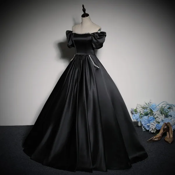 Elegant Black Pearl Rhinestone Satin Prom Dresses 2023 Ball Gown Square Neckline Puffy Short Sleeve Backless Floor-Length / Long Prom Formal Dresses