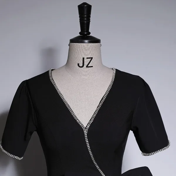 Elegant Black Rhinestone Bow Prom Dresses 2023 Zipper Up A-Line / Princess V-Neck Short Sleeve Floor-Length / Long Prom Formal Dresses
