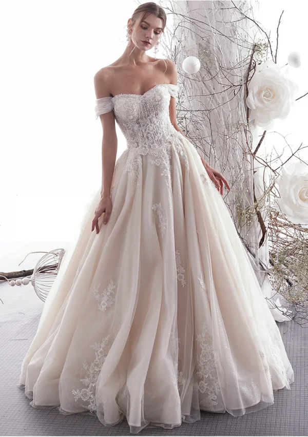 Sexy Champagne Wedding Dresses 2019 A-Line / Princess Off-The-Shoulder Lace Flower Sequins Sleeveless Backless Floor-Length / Long