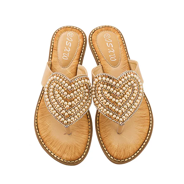 Schöne Schwarz Freizeit Perle Strass Sandalen Damen 2020 Peeptoes Flache Sandaletten