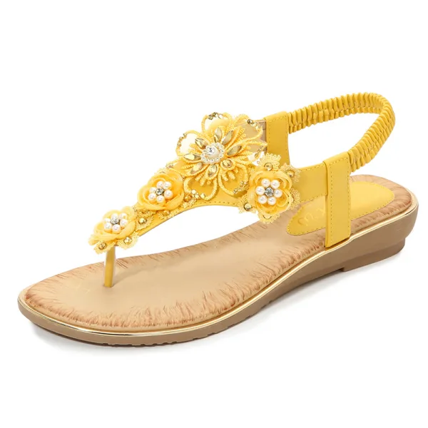 Charmant Jaune Désinvolte Sandales Femme 2020 En Dentelle Fleur Cristal Faux Diamant Perle Peep Toes / Bout Ouvert Plate Sandales