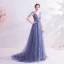 Charming Ocean Blue Evening Dresses  2020 A-Line / Princess V-Neck Beading Rhinestone Lace Flower Sleeveless Backless Floor-Length / Long Formal Dresses